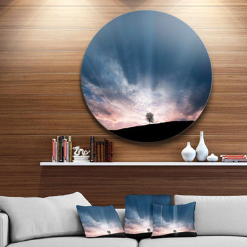 Flock of Birds and Lonely Tree - Landscape Round Metal Wall Art